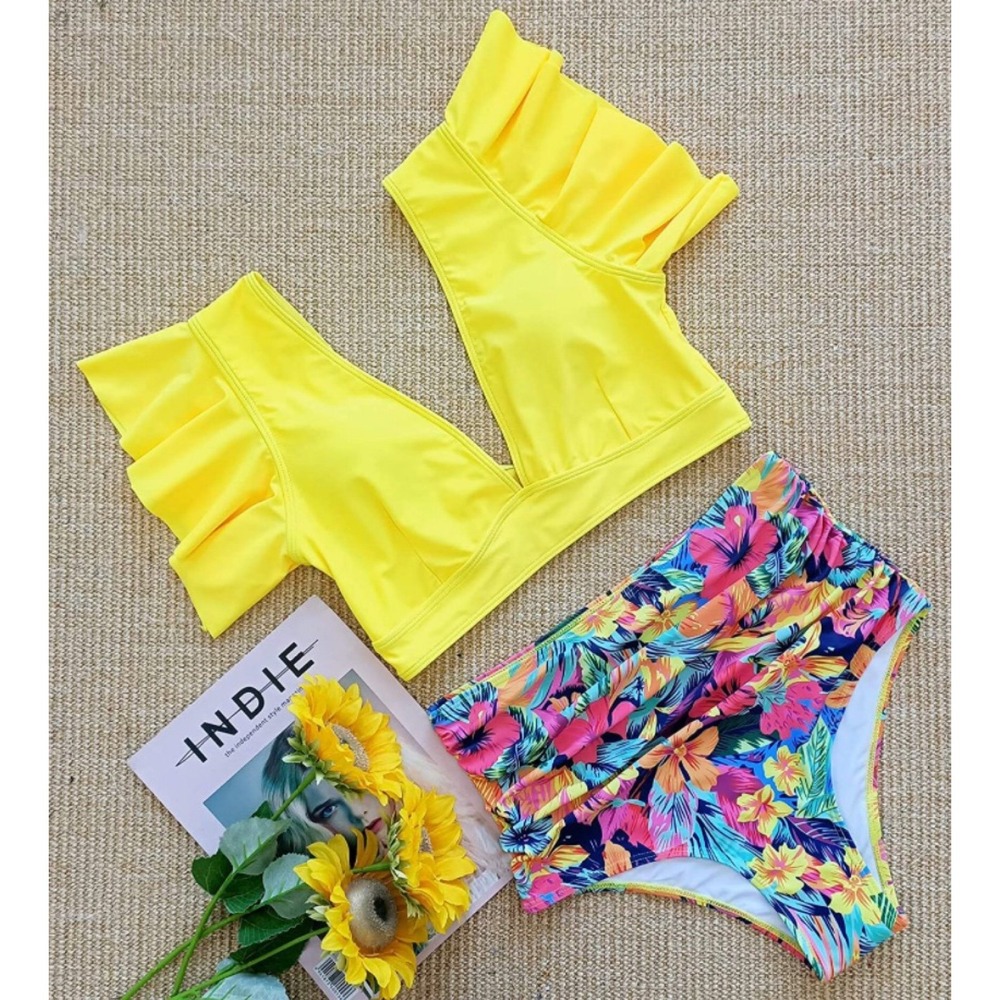 NWOT SPORLIKE Womens Ruffle‎ High Waist Swimsuit, Floral/Yellow, Small